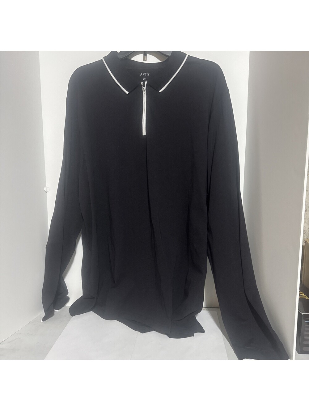 Apt. 9 Men's Black/White Accent Long Sleeve 1/4 Zip Collared Polo Shirt XXL CL15